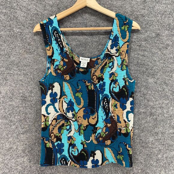 Nicola Blouse Women XL Blue Geometric Sleeveless Wide Strap U-Neck Pullover - Picture 1 of 6